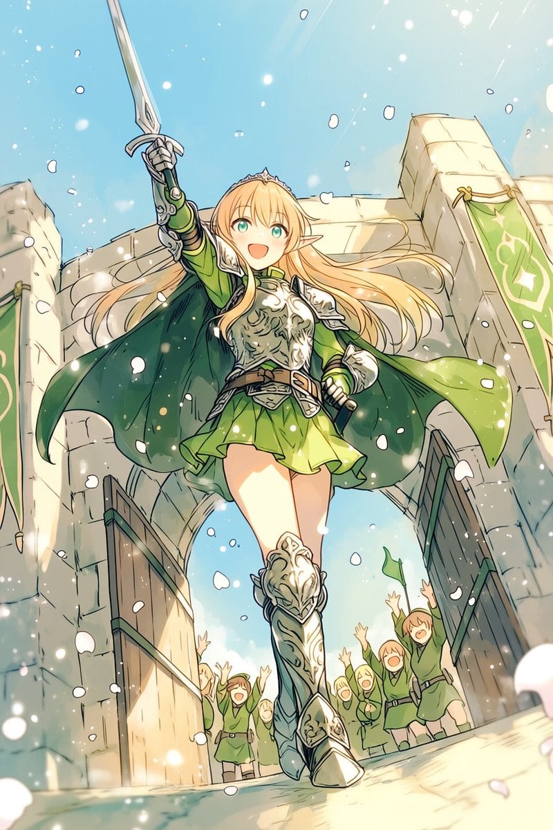 This prompt generates a bright low-angle fantasy anime scene of a smiling elf knight raising her sword while walking through castle gates as cheering townspeople celebrate behind her.