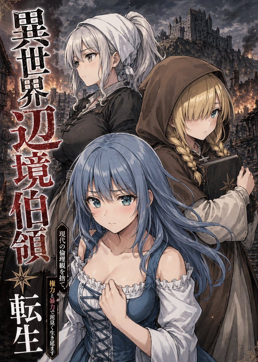 A dark fantasy anime light-novel cover in a vertical composition, painted with detailed dramatic brushwork and moody cinematic lighting. Show three young women posed in a triangular arran...