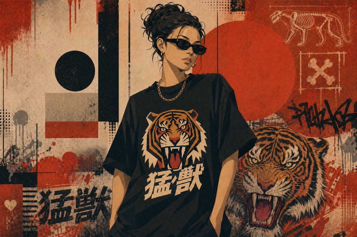 Create a gritty streetwear poster illustration with a single central figure standing in front of an urban collage wall. The person is a stylish young adult with dark brown to black curly...