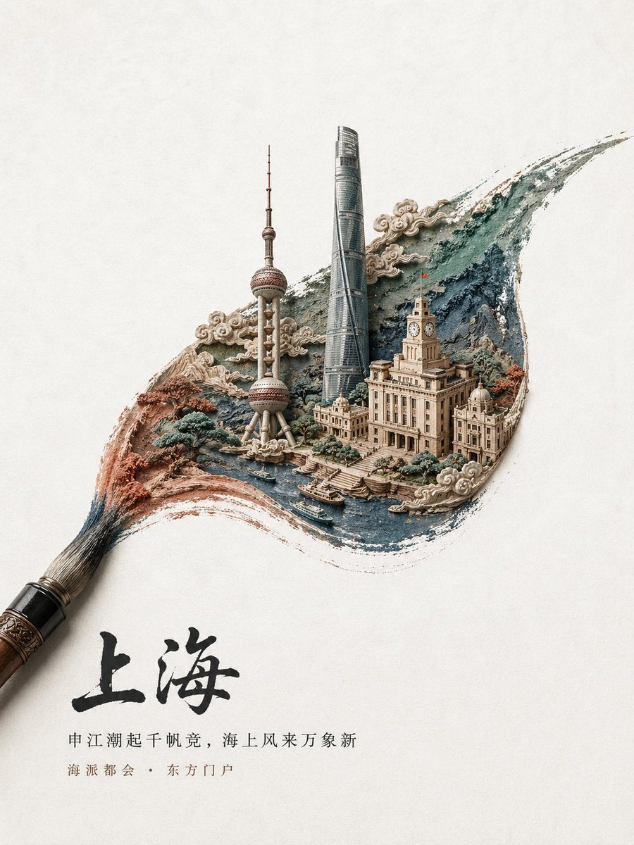 A refined Chinese city-promotion poster on a warm off-white textured paper background, with a large traditional calligraphy brush entering from the lower left corner and sweeping upward t...