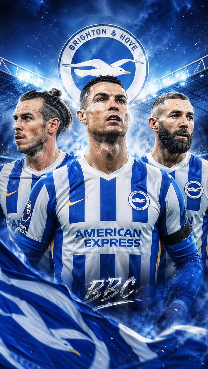 Make an art of the BBC (Gareth Bale, Karim Benzema, and Cristiano Ronaldo) at Brighton using logo, advanced level design, 9:16, cell phone wallpaper.