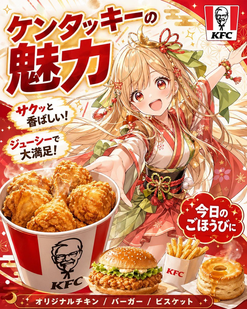 A vibrant Japanese fast-food promotional poster in glossy anime advertising style, themed around KFC and a magical princess mascot. The composition is vertical and packed but still a sing...
