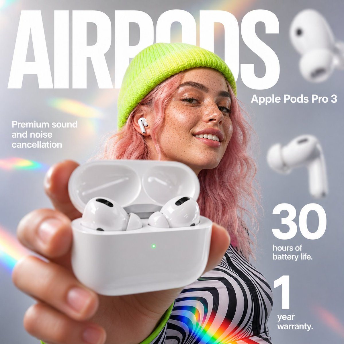 A premium square advertising poster for AirPods Pro 3, styled like a modern tech campaign. Show a young woman centered in a soft studio setting with a smooth cool gray background, wearing...
