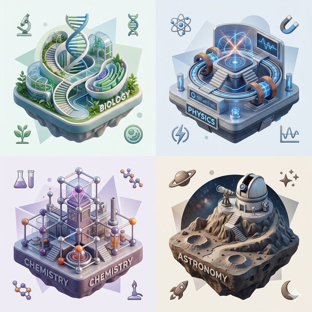 This prompt generates a polished four-panel isometric science infographic with miniature 3D dioramas for biology, physics, chemistry, and astronomy, ideal for concept visualization or educational social posts.