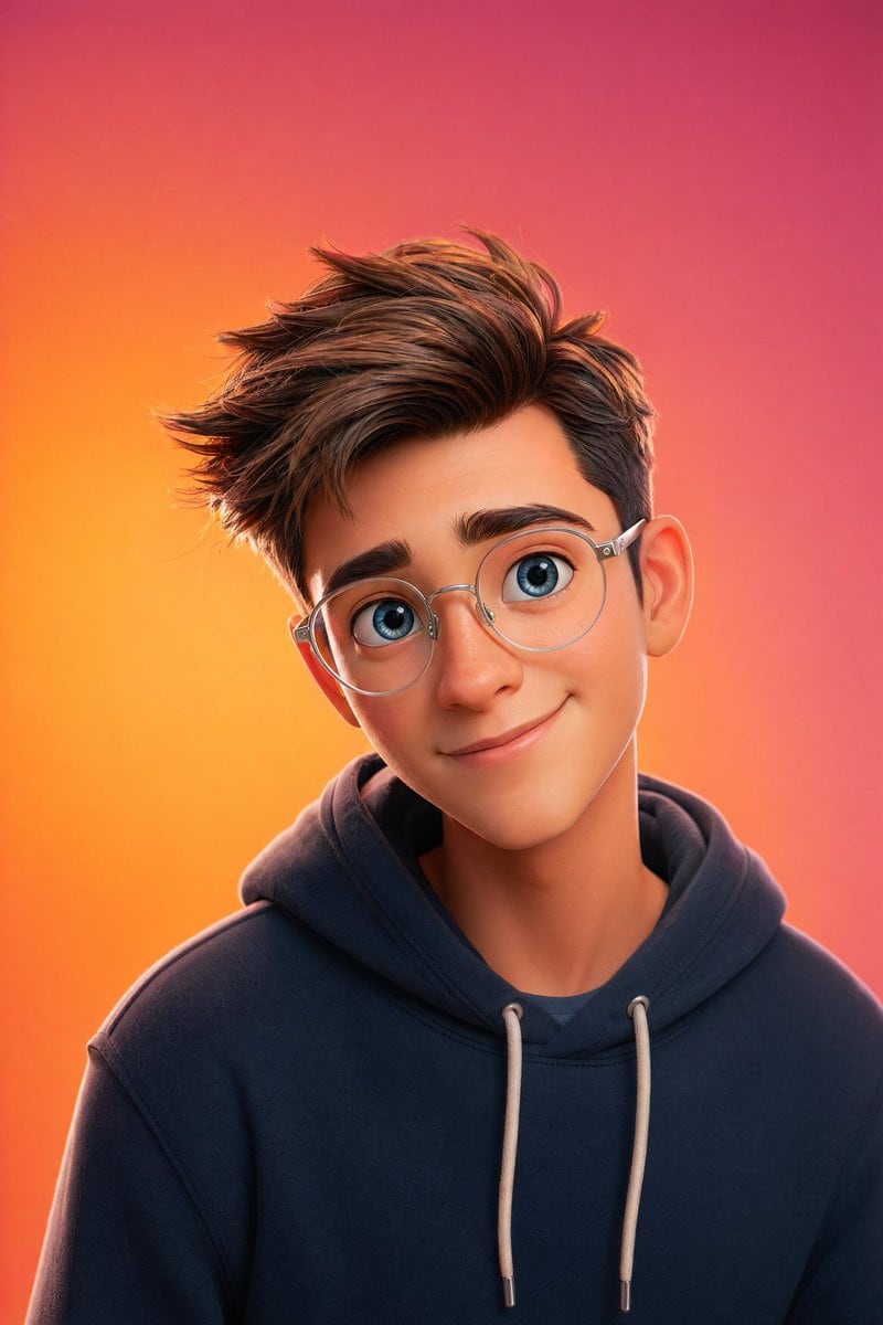 A high-resolution, cinema-quality prompt for creating a cute 3D character portrait in the style of Pixar, featuring soft lighting and a gradient background.