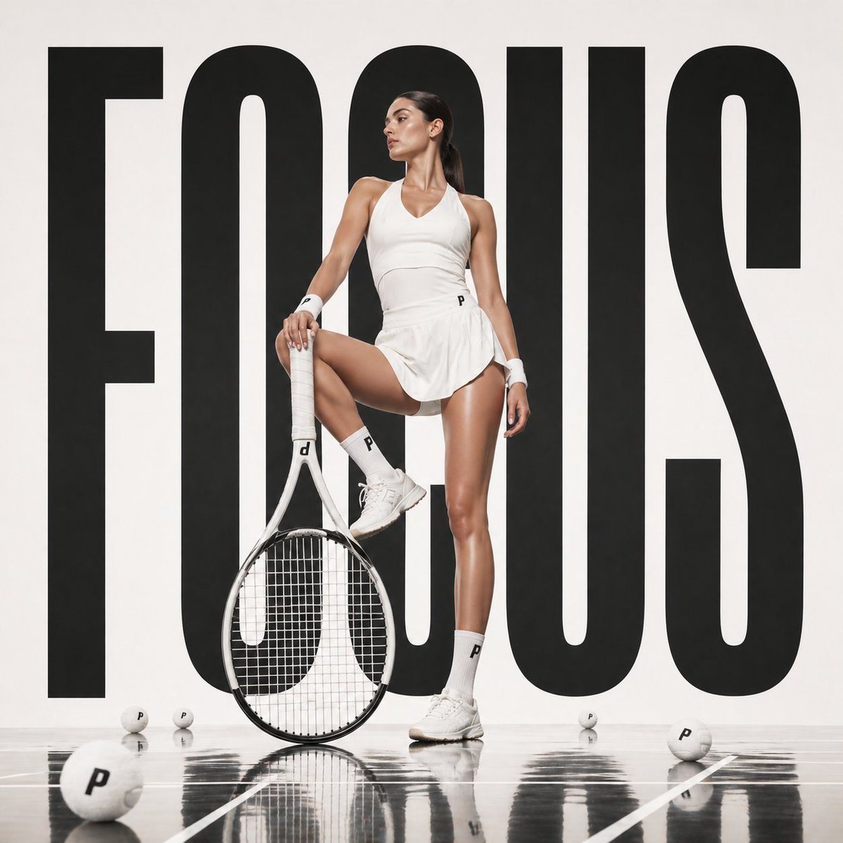 Avant-garde sports fashion advertisement, oversized tennis racket positioned like monumental sculpture, female athlete seated casually on the strings as if a suspended lounge, giant word...