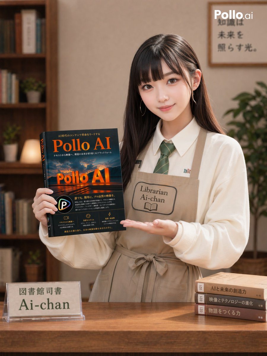 A photorealistic vertical promotional portrait in a cozy modern library or bookstore interior, showing a young East Asian woman standing behind a wooden counter and presenting a large boo...