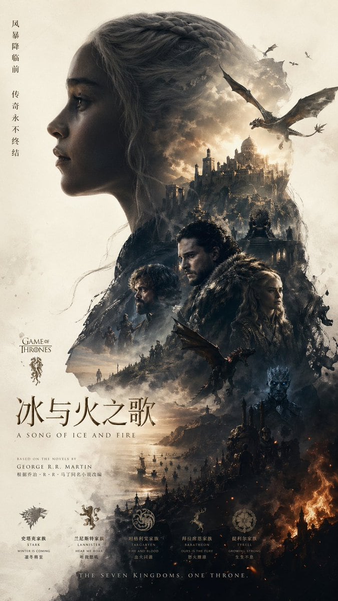 A vertically oriented epic fantasy poster in the style of a prestige television series one-sheet, designed like a Chinese theatrical promotional poster for Game of Thrones. The compositio...