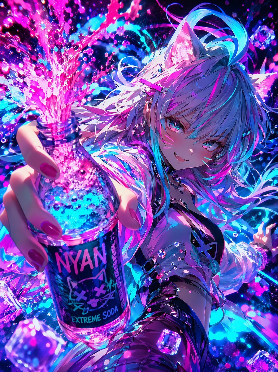 A vivid cyber-anime promotional illustration of a cat-eared girl dramatically presenting a neon soda bottle, ideal for flashy beverage ads, social posts, or high-energy pop art visuals.