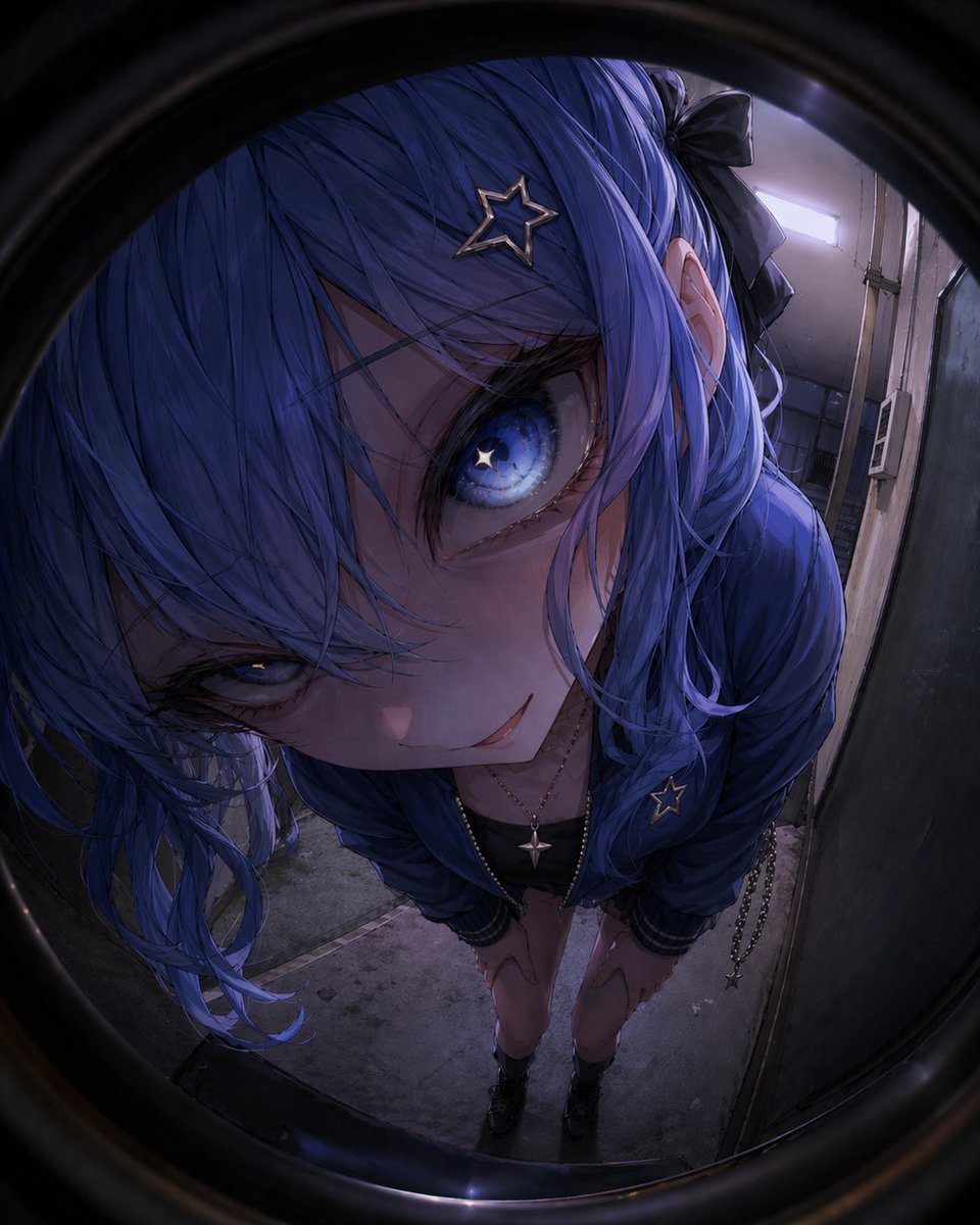 A hyper-detailed anime-style fisheye peephole portrait of a young woman leaning in extremely close to the lens in a narrow dim apartment hallway at night. The entire image is framed by th...