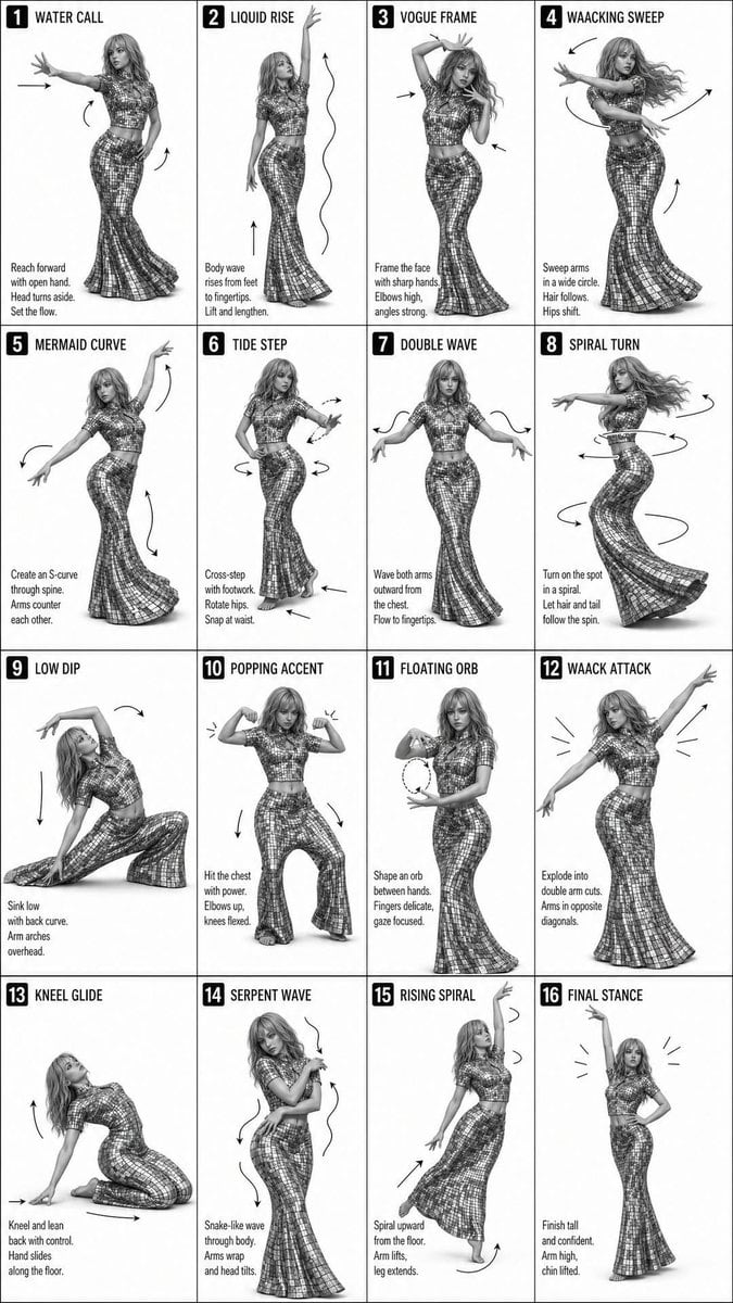 Generates a 16-step grid-based instructional poster for dance sequences in a minimalist monochrome style.