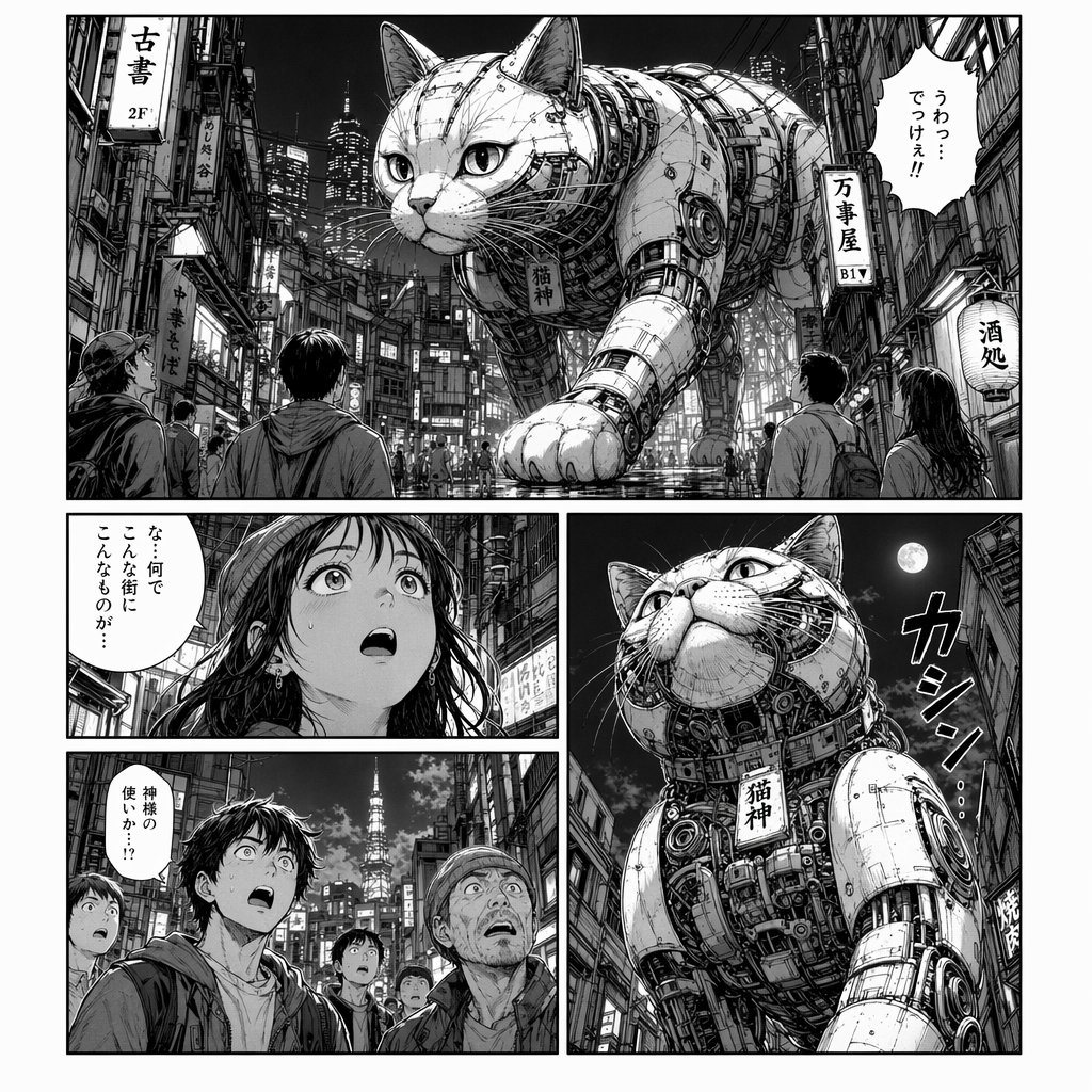 A highly detailed black-and-white manga page showing a gigantic mechanical cat walking through a dense nighttime Japanese city street. The page has 4 panels total: 1 wide top panel spanni...