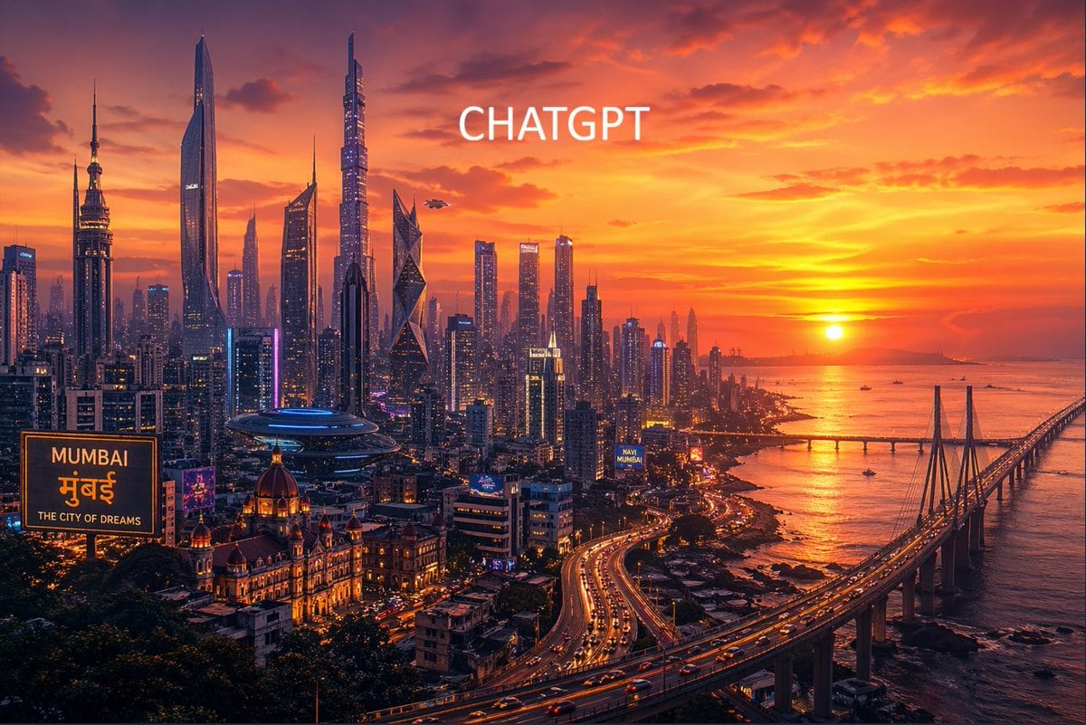 A cinematic ultra-detailed wide-angle cityscape of Mumbai reimagined as a futuristic megacity at sunset, viewed from an elevated overlook above the coastline. The skyline is packed with d...