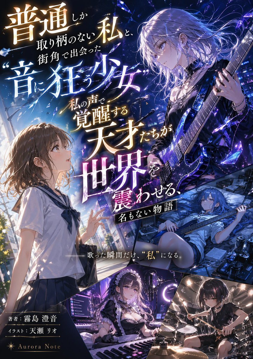 Generates a complex light novel cover featuring a multi-panel layout of an all-girl music band and customizable Japanese typography.