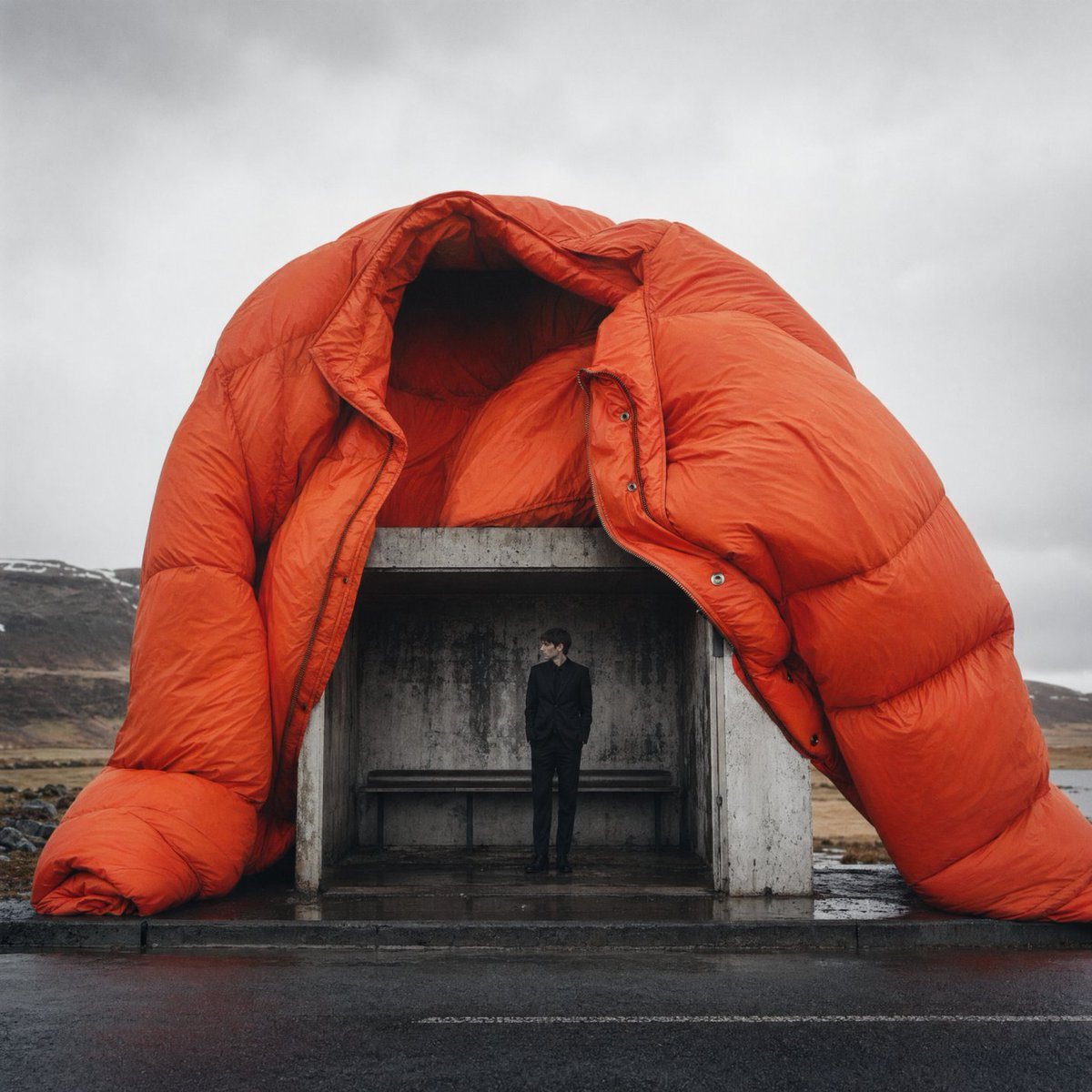 A cinematic fashion editorial image of a man in a concrete bus stop sheltered by a giant orange puffer jacket, ideal for luxury campaign or conceptual style imagery.