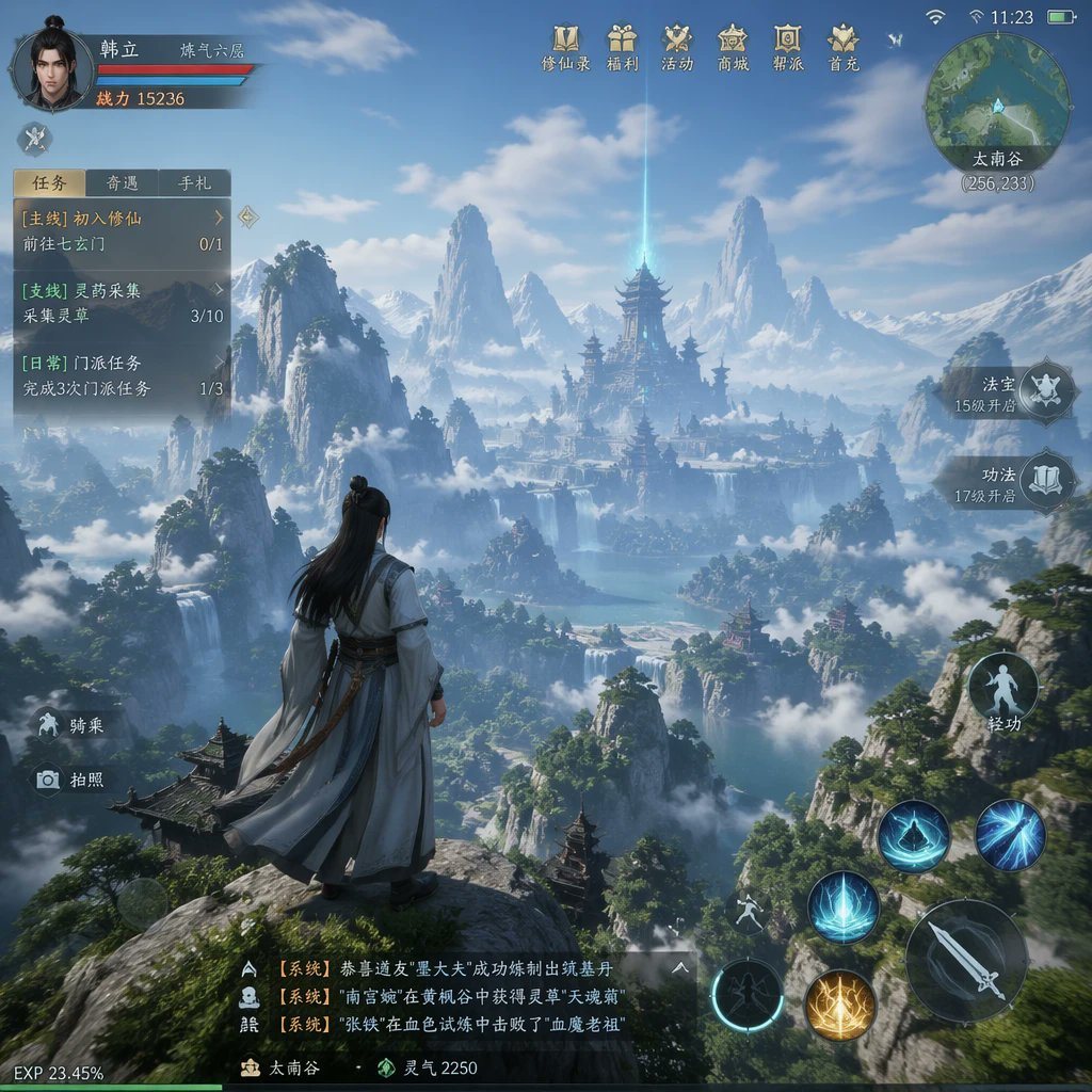 一个用于创建基于特定主题的开放世界 ARPG 真实感游戏截图的提示词。