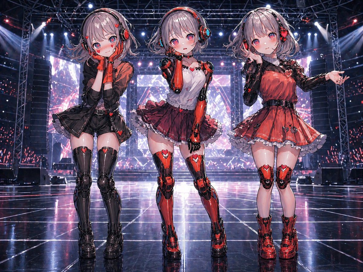 This prompt generates a polished full-body anime key visual of three coordinated humanoid idol androids on a futuristic live stage, ideal for character IP promotion or idol group concept art.