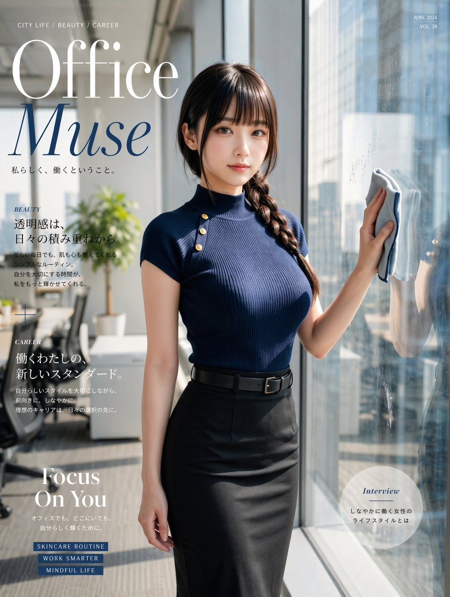 A polished high-fashion magazine cover portrait of a beautiful young office woman standing beside a floor-to-ceiling window in a bright modern corporate office, photographed in a refined...