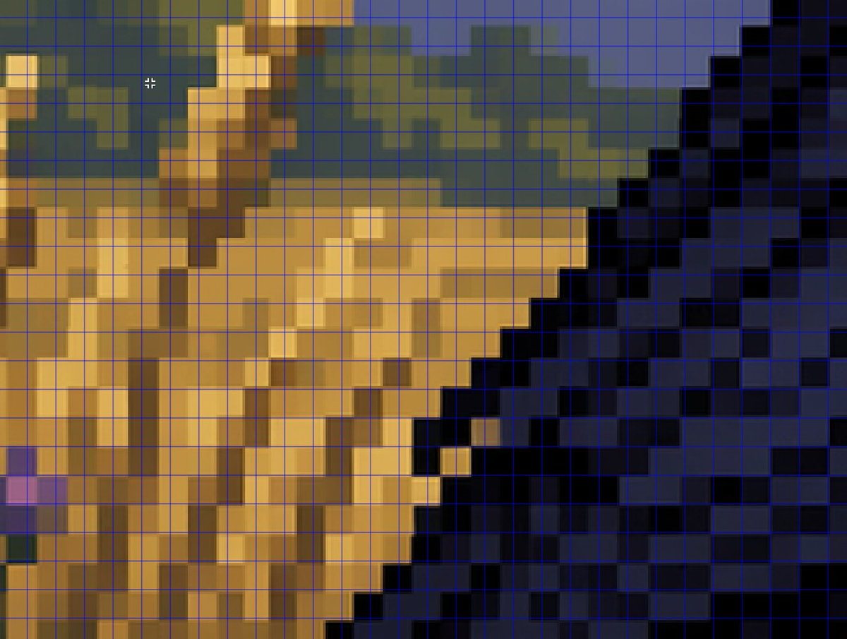 A tightly zoomed-in comparison image demonstrating fake pixel-art rendering, showing a low-resolution-looking scene enlarged on screen with a thin bright blue square grid overlay across t...
