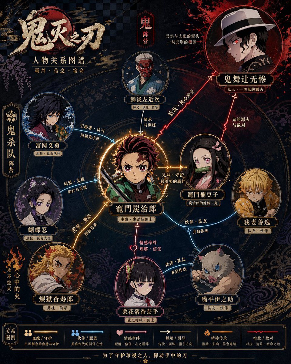 A detailed prompt for creating professional character relationship posters that combine information visualization with the specific art style of a series.