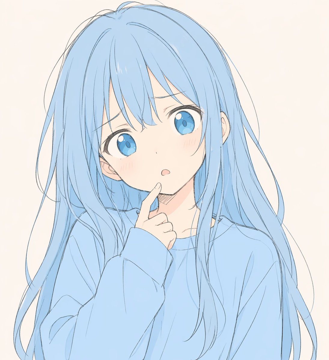 A soft anime-style bust portrait of a cute young woman centered on a plain warm off-white background, drawn with clean delicate line art and flat pastel coloring. She has very long straig...