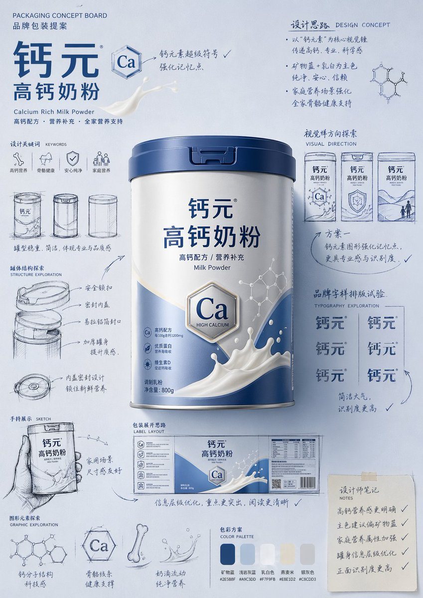 一个用于创建专业手绘风格产品包装设计方案和概念情绪板的高度详细提示词。