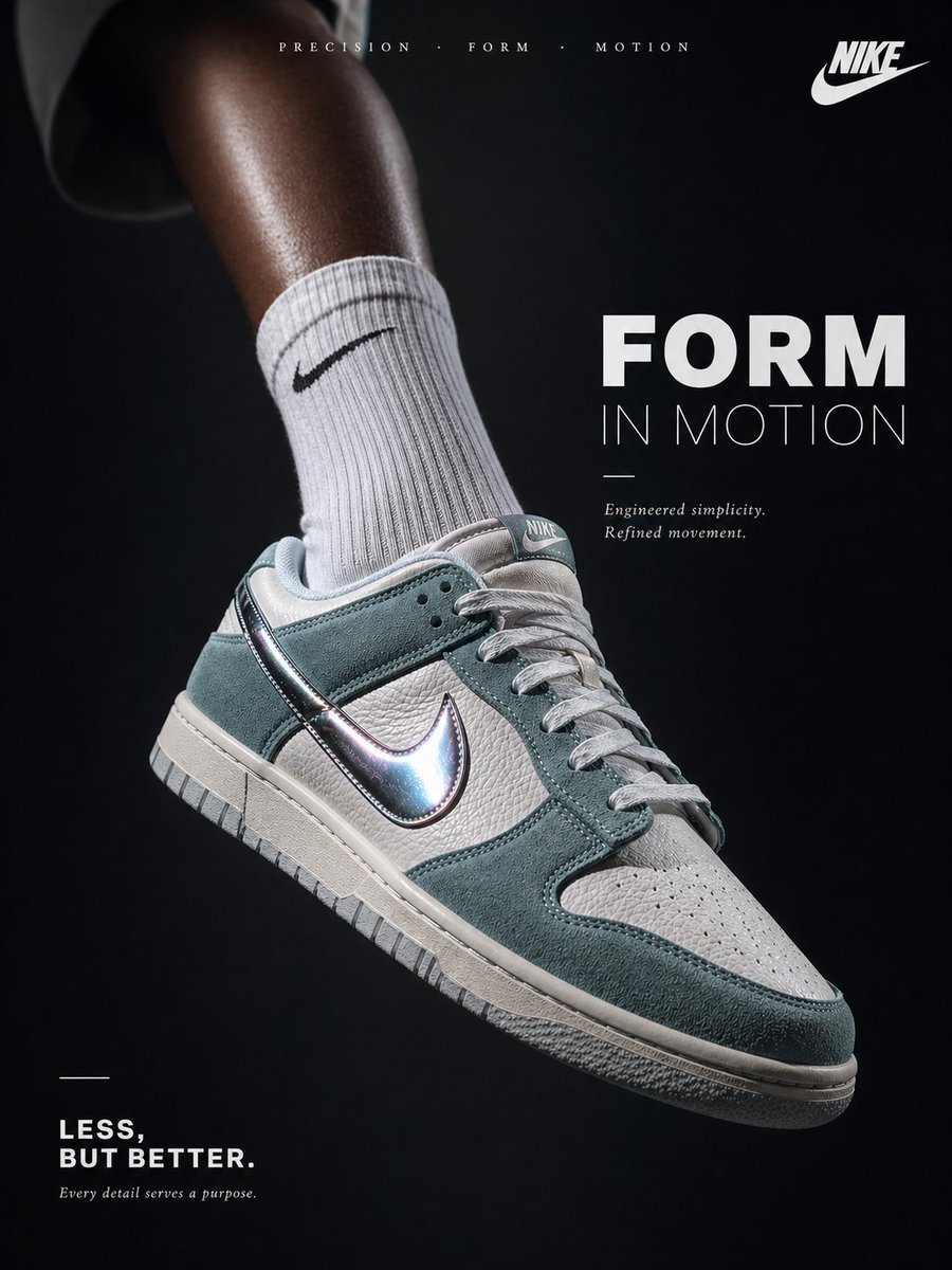 A hyper realistic luxury editorial advertisement for Nike, executed with a restrained, high-fashion aesthetic. A male leg is suspended mid-air at a precise 45-degree angle toward the came...