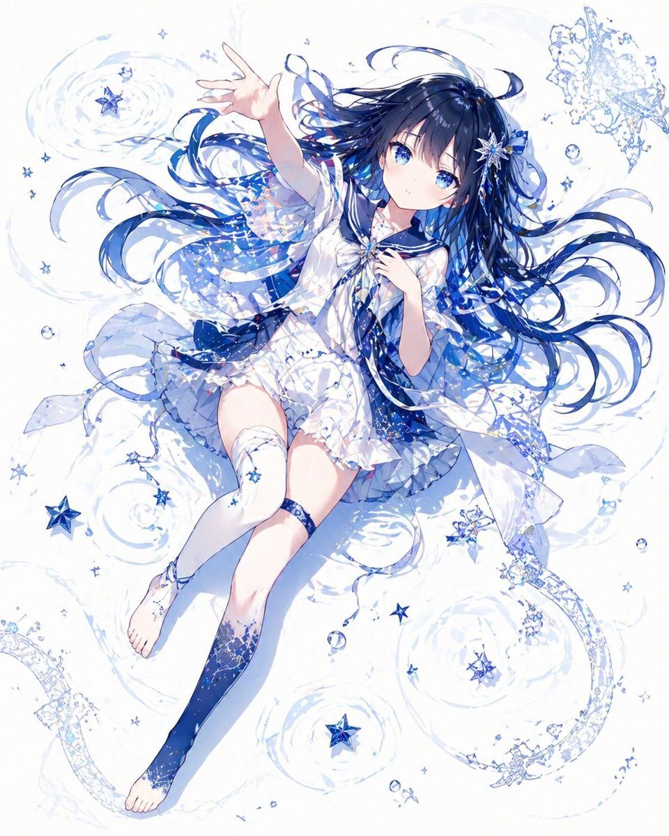 A full-body anime illustration of a dreamy celestial girl floating diagonally across a pure white background, viewed from above as if weightless in open air. She has very long, flowing de...