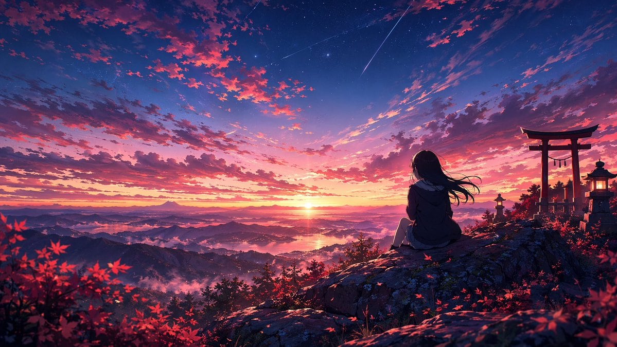 An anime-style illustration of a young woman with long dark hair wearing a dark jacket sitting on a rocky cliff edge, facing away to admire a vibrant sunset. To the right stands a red tor...