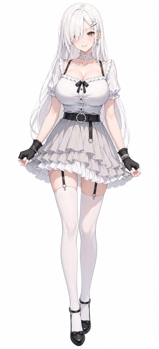 A full-body anime fashion illustration of a slim young woman standing front-facing in a neutral pose against a clean light gray-white background, centered like a character design sheet. S...