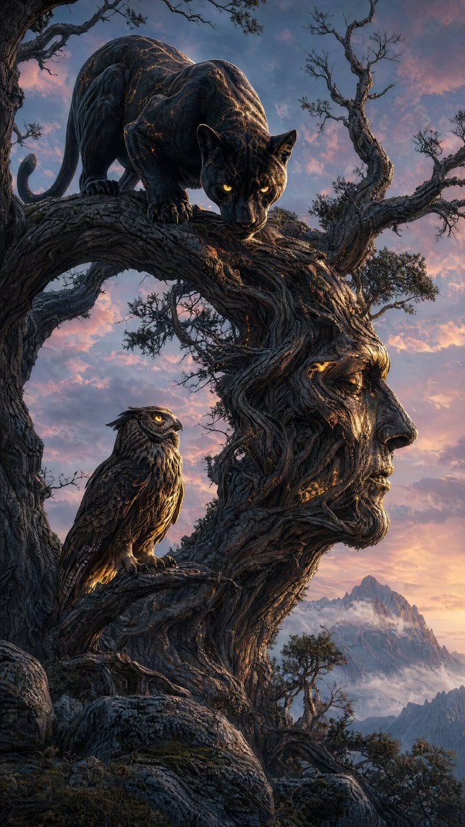 A majestic black panther with glossy obsidian fur and piercing glowing yellow eyes, crouched aggressively on a thick branch of an ancient gnarled tree that is shaped like a giant human he...