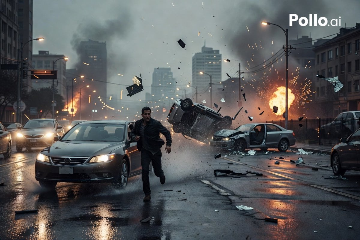 A cinematic ultra-realistic action scene on a rain-soaked urban street at dusk, showing a sudden multi-car crash and explosion in the middle of a modern city. In the foreground, one adult...
