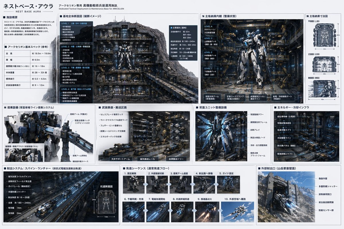 Ready-to-edit sci-fi mecha base technical specification sheet image prompt.