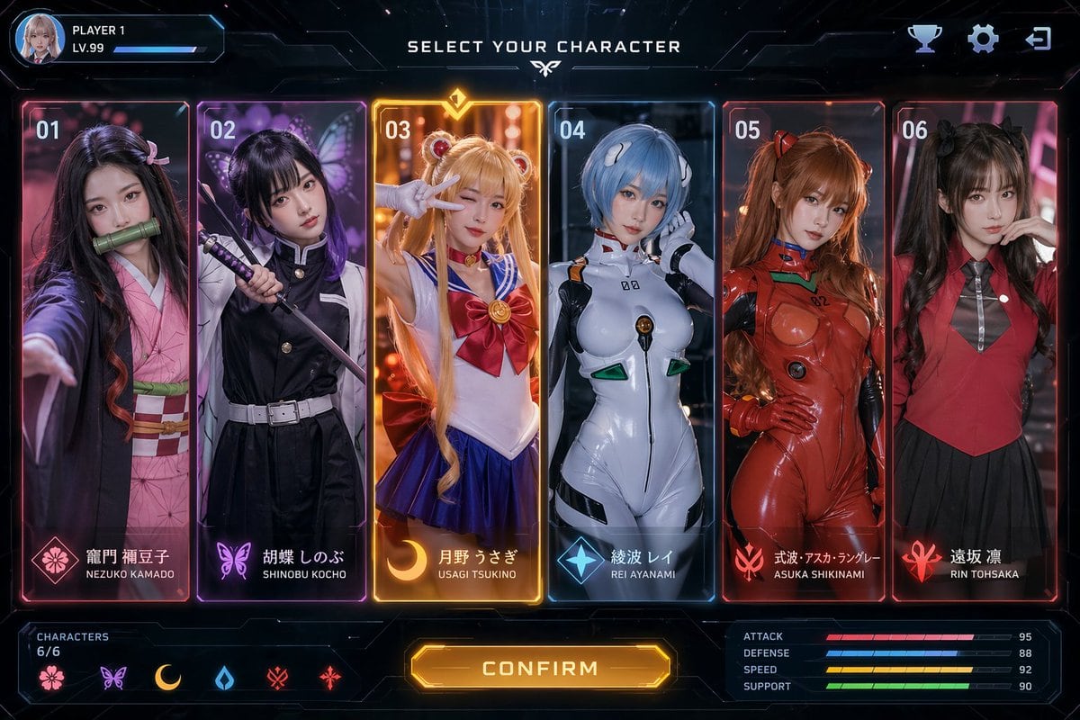 Ready-to-edit futuristic game character selection screen image prompt.