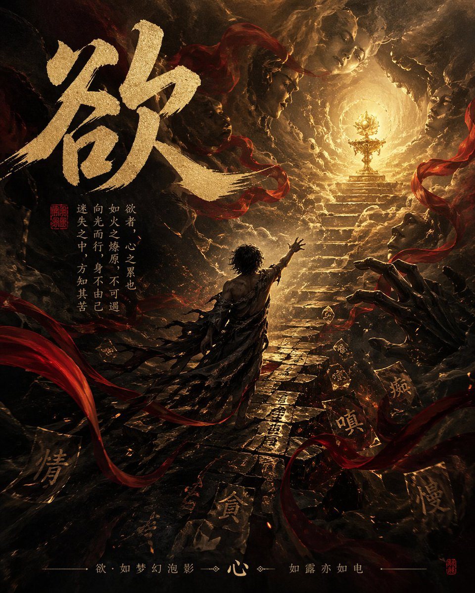 A dark epic Chinese fantasy poster centered on the single gold calligraphy character 欲 dominating the upper left, rendered in huge textured brushed gold ink with rough edges and metallic...