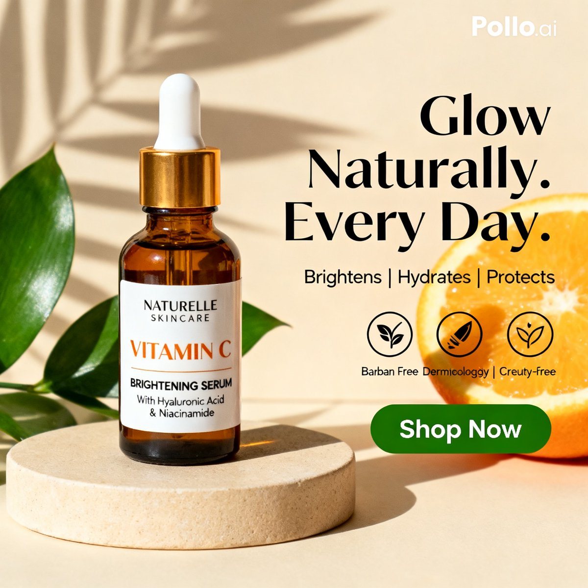Create a clean luxury skincare product advertisement in a square 1:1 layout with a warm beige studio background and strong natural sunlight casting soft palm-leaf shadows across the wall....