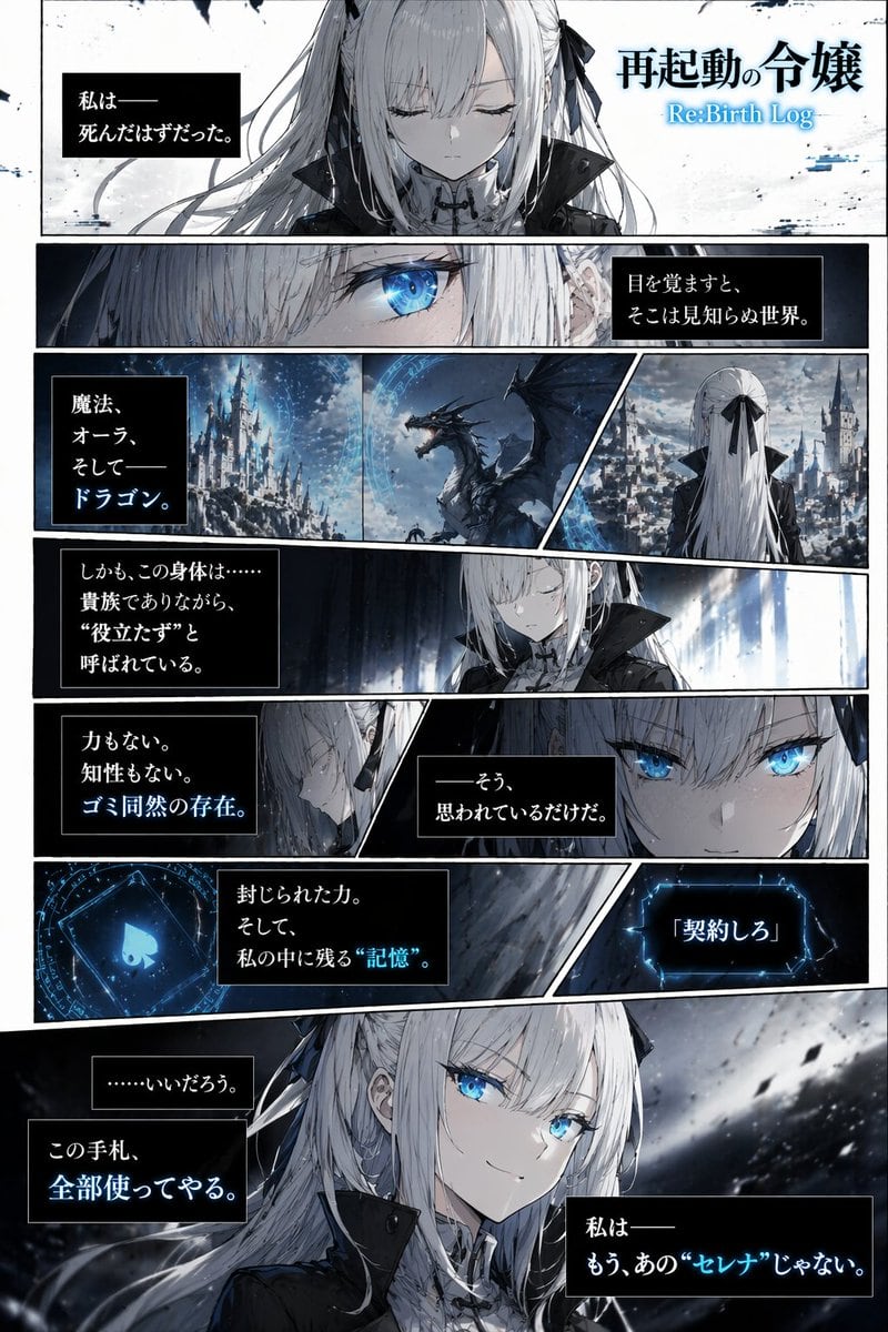 生成全彩、7 分格的竖版漫画页面，呈现暗黑奇幻叙事，包含电影感角色特写、环境蒙太奇以及可自定义的文本框。