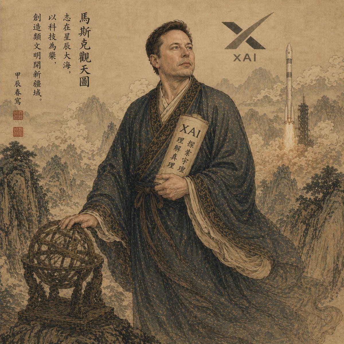 A refined Chinese ink-painting style portrait on aged parchment, composed like a classical literati hanging scroll with muted sepia, tan, charcoal, and faded indigo tones. In the center s...