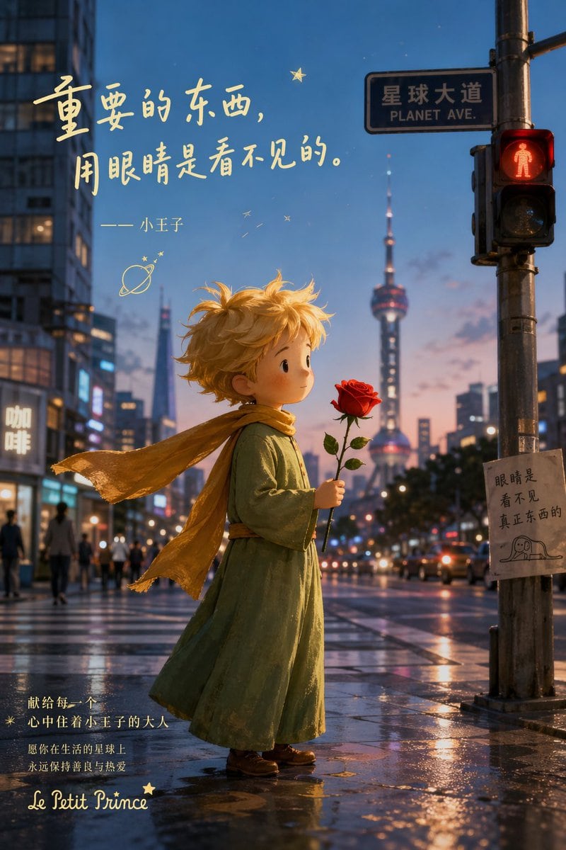 A cinematic vertical poster inspired by The Little Prince, set on a rainy city street at blue hour in modern Shanghai. In the center foreground, a small child in Little Prince styling sta...