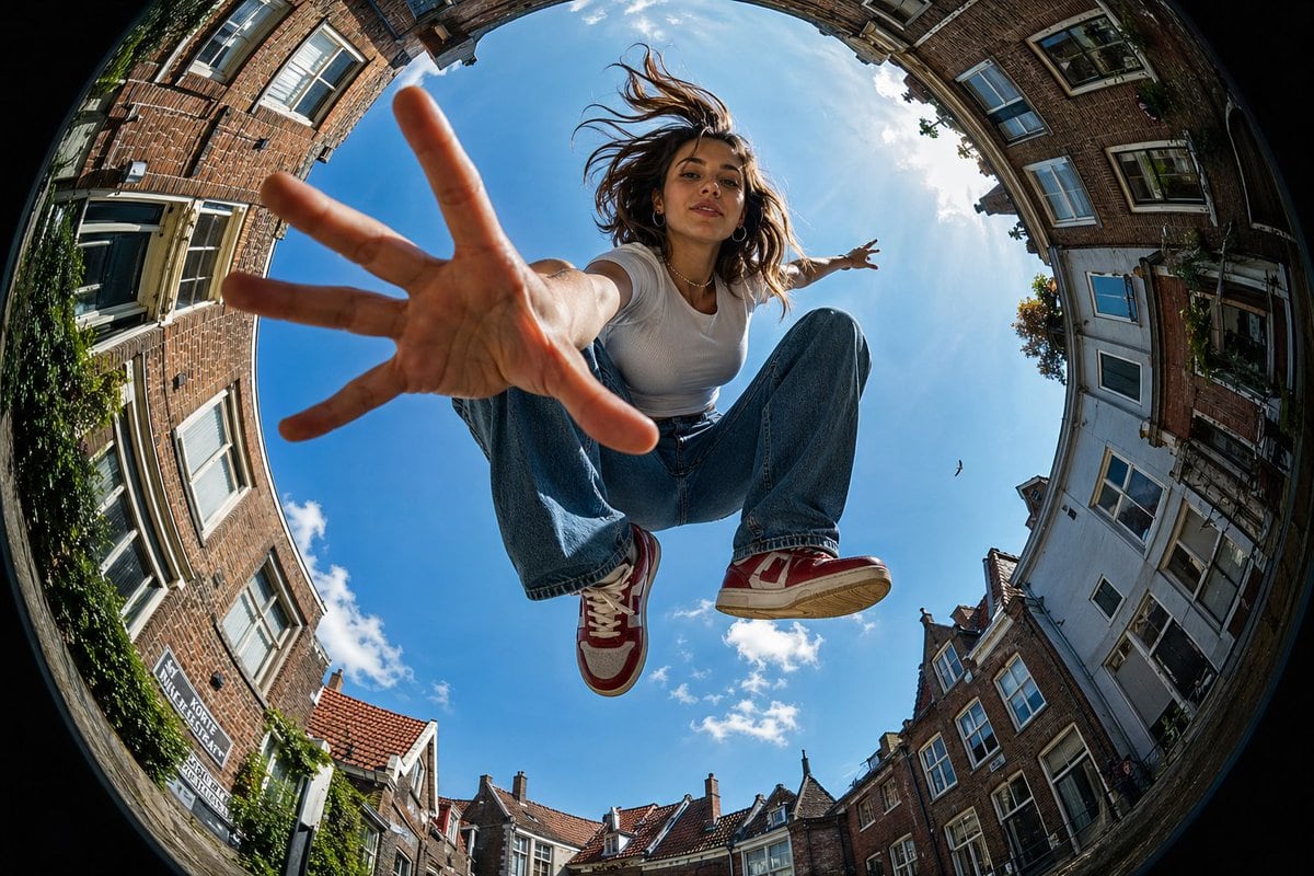 Make an Ultra-wide fisheye lens perspective shot from ground level looking straight up at a young women crouching mid-air between brick buildings forming a circular frame around the sky....