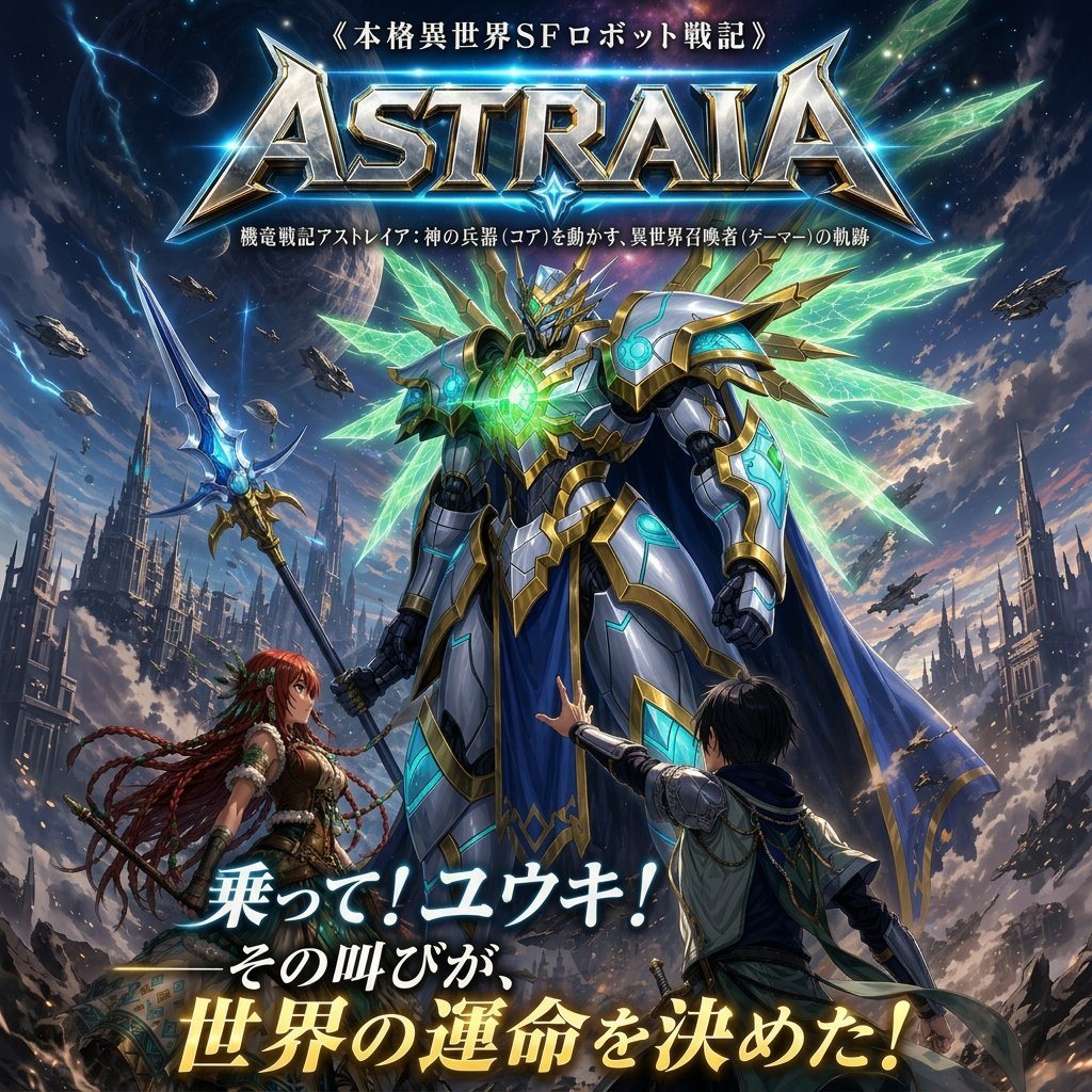 This prompt generates a dramatic anime-style Japanese sci-fi fantasy cover featuring a towering angelic robot, two protagonists, and bold title typography for novels, games, or promotional key art.