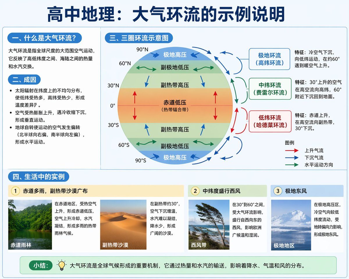 生成一份详细的多板块教育信息图，适用于教科书，包含图表、要点说明及真实世界的摄影示例。