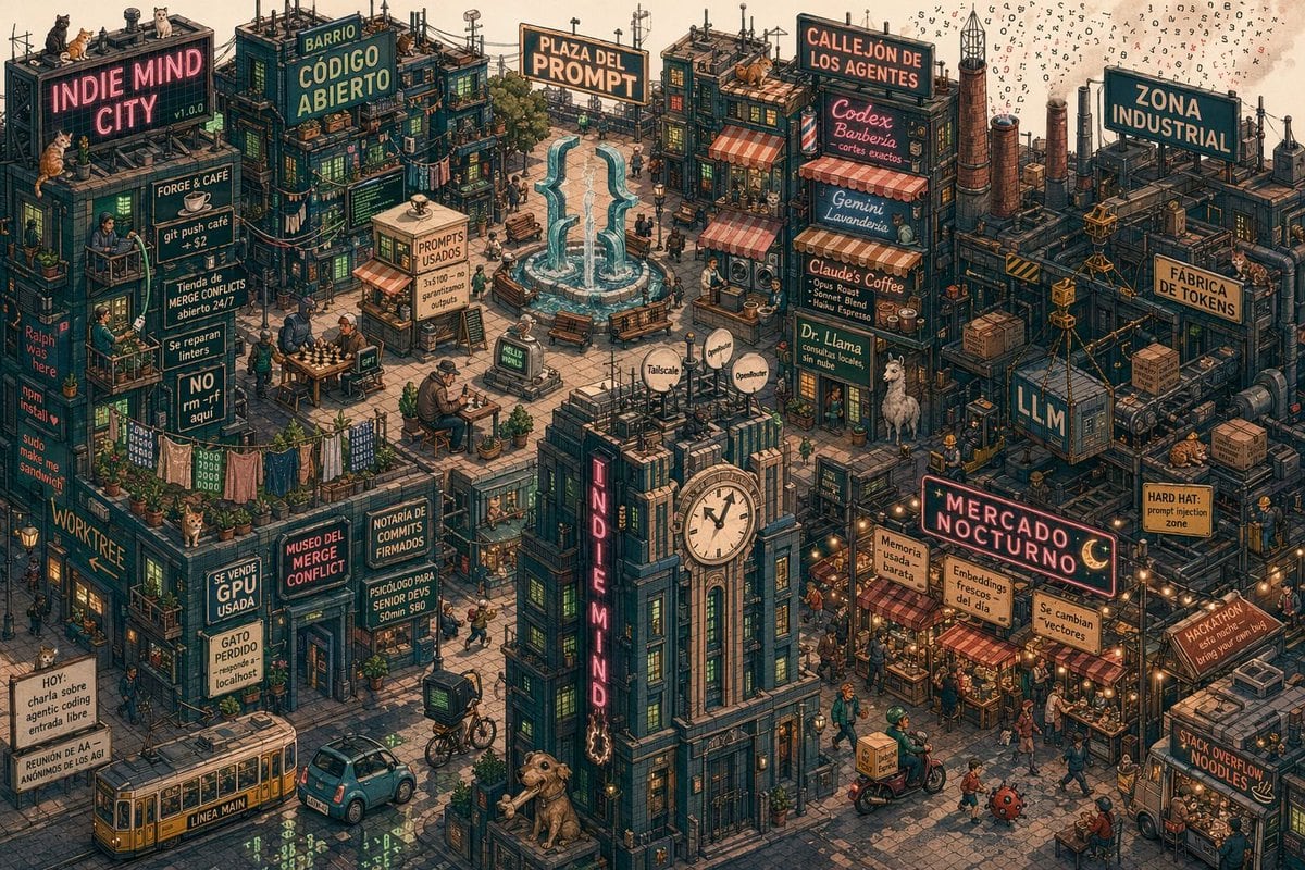 A dense isometric steampunk-cyberpunk city illustration at dusk, designed like a whimsical indie tech district called INDIE MIND CITY. The scene is a single sprawling urban plaza packed w...