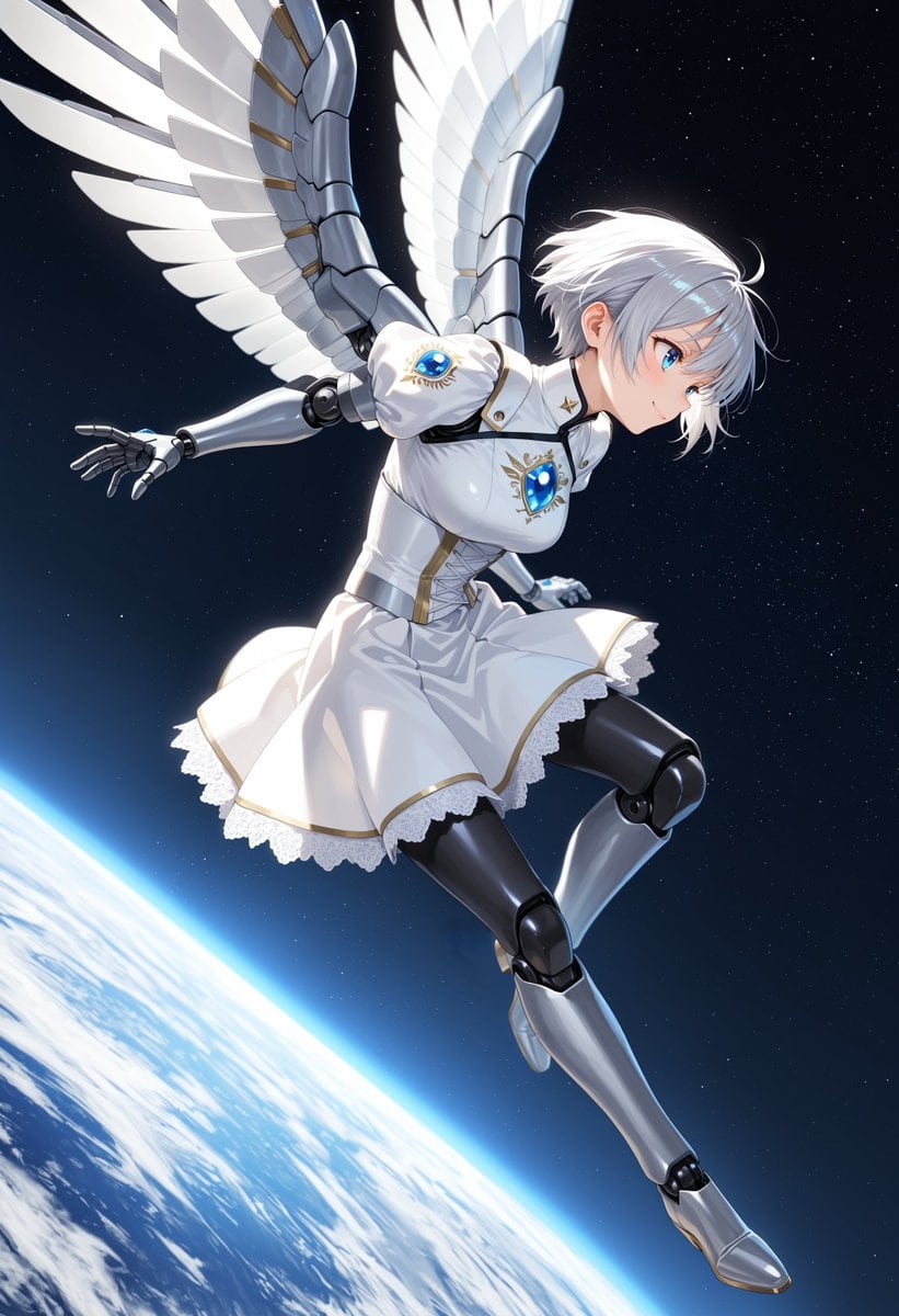 This prompt generates a polished anime sci-fi fantasy illustration of a winged female android in a white dress floating above Earth, suitable for character art, key visuals, or cover-style space illustrations.