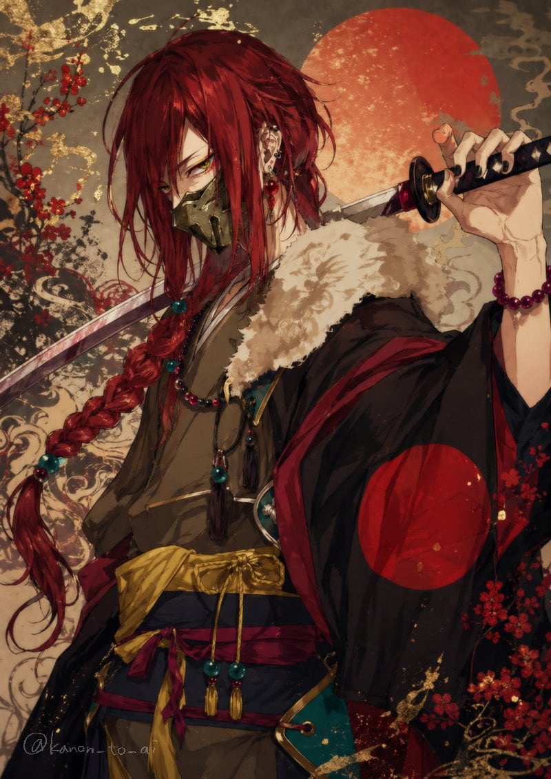 This prompt generates a richly detailed anime-style warrior portrait suited for dramatic character art, fantasy key visuals, or stylized Japanese-inspired illustrations.