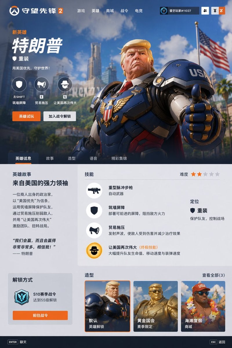 为特定人物生成一个守望先锋风格的概念英雄选择界面。