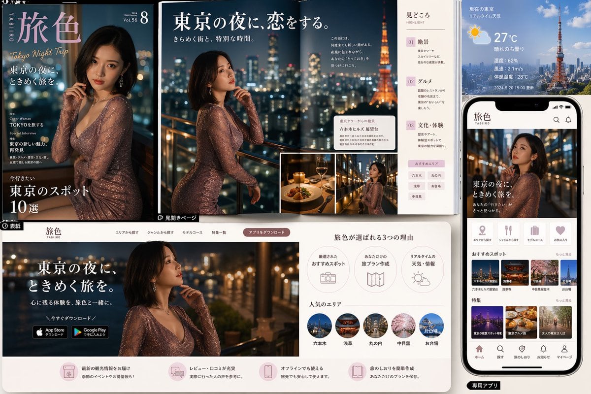 一款专为高端东京夜游品牌打造的精致编辑与应用概念项目，适用于旅游营销演示、UI 展示及杂志风格的宣传视觉图。