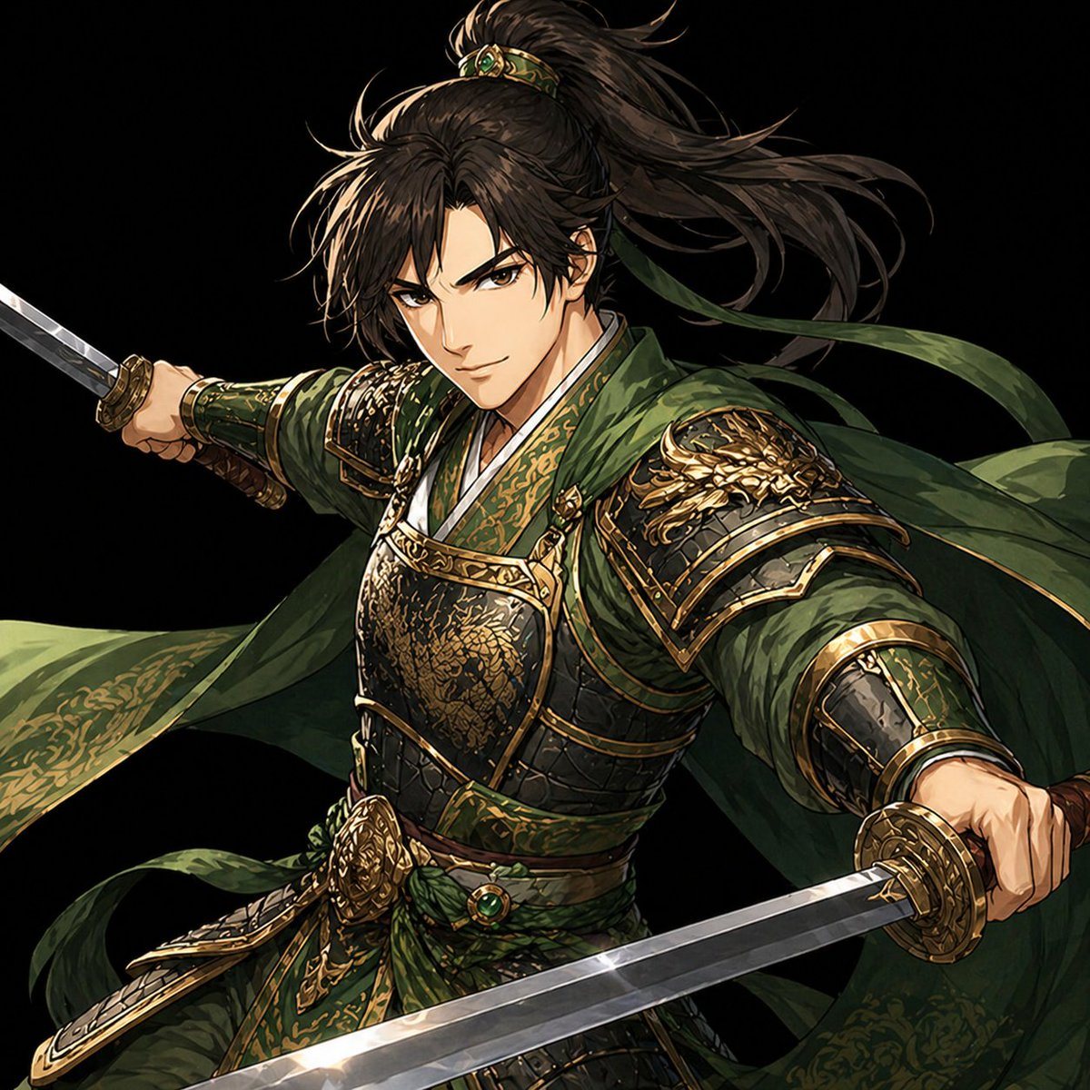 This prompt generates a polished black-background character key visual of an ornate dual-wielding fantasy warrior, ideal for game art, promotional illustrations, or character concept pieces.