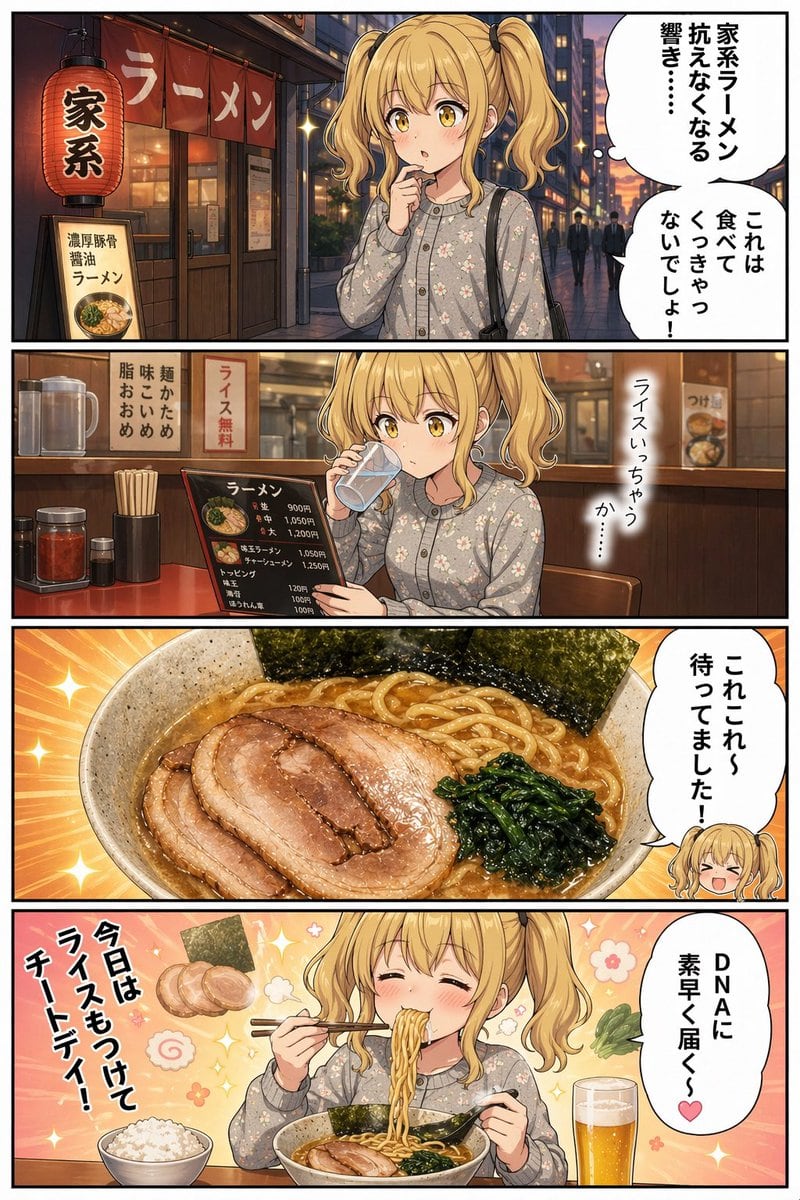 这是一部四格动漫风格的日本美食漫画，讲述了一位金发女孩渴望、点餐并幸福地享用浓郁家系拉面的过程，非常适合漫画风格的美食插画。