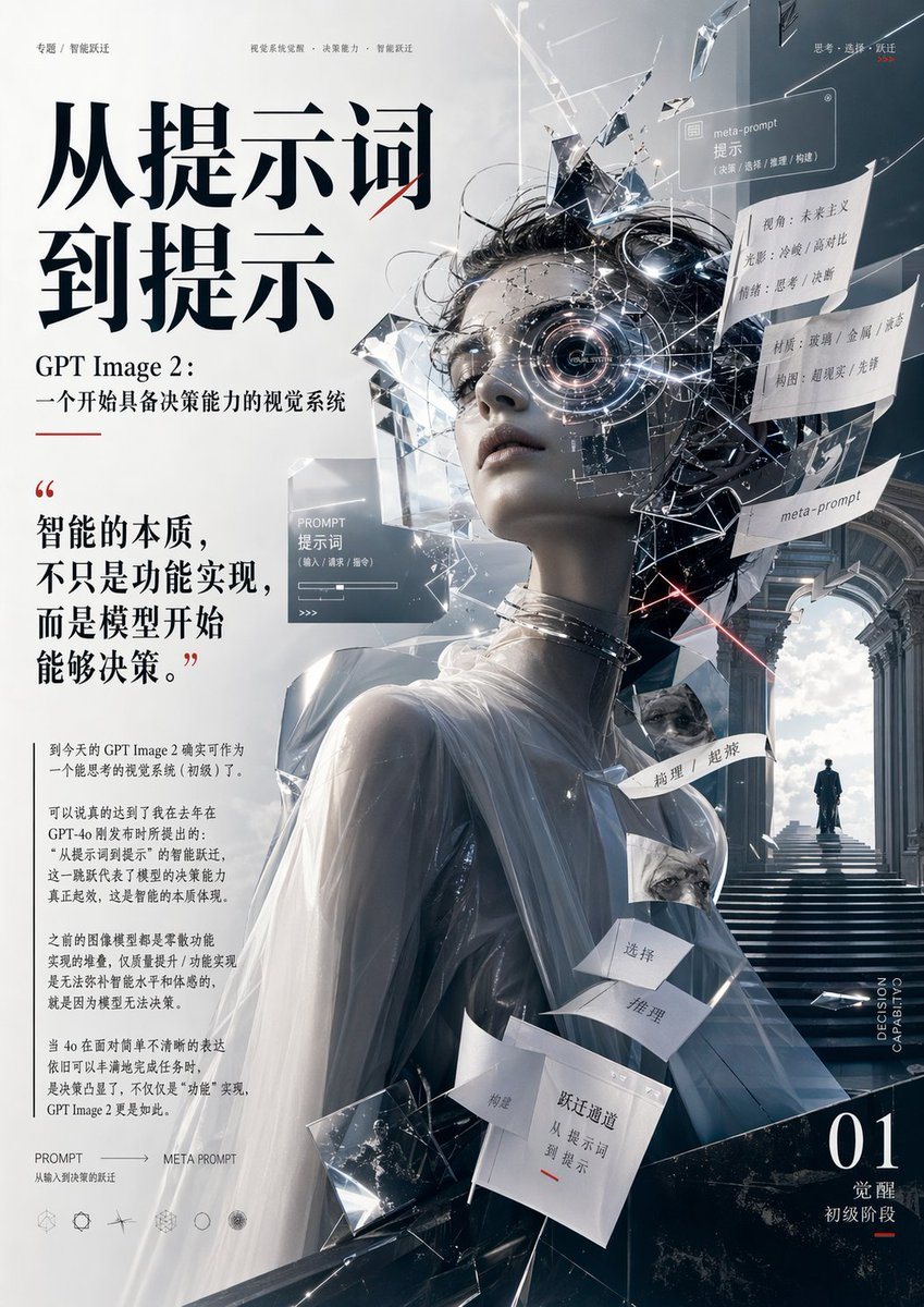 一张概念性的中文编辑海报，展示了破碎的古典雕塑与密集的排版，非常适合用于杂志封面或关于 AI 决策与 meta-prompt 设计的主题演讲视觉图。